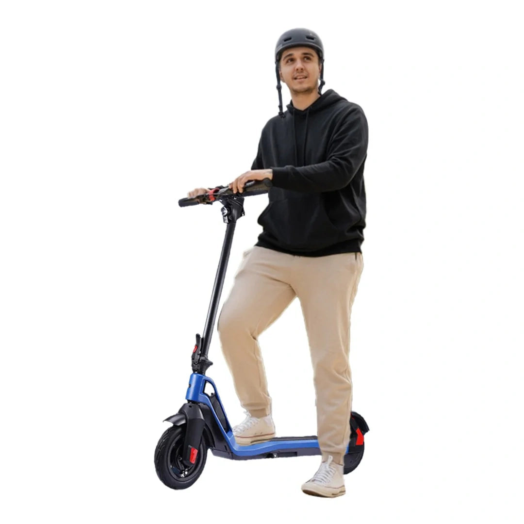 Person standing next to a blue electric scooter on a white background