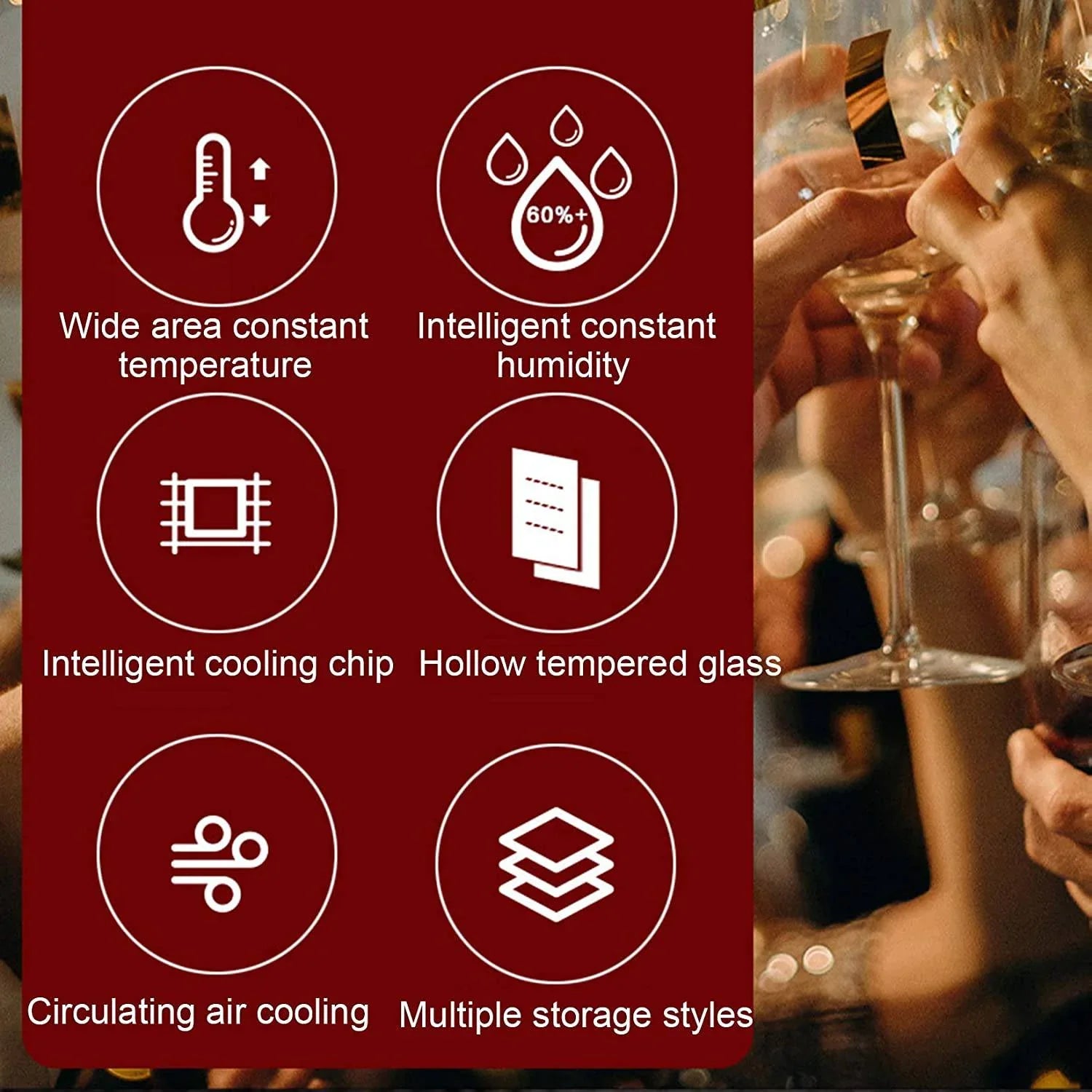 Product features on a red background with blurred wine glasses in the background