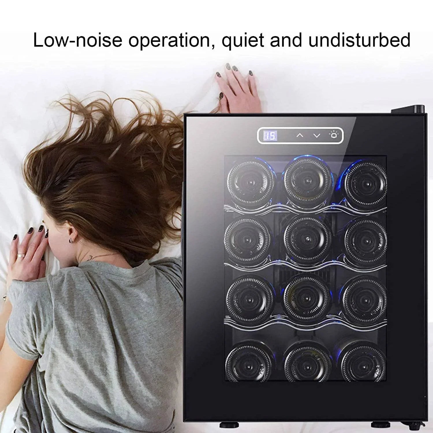 Wine cooler with digital display next to a person lying down, with text 'Low-noise operation, quiet and undisturbed'.