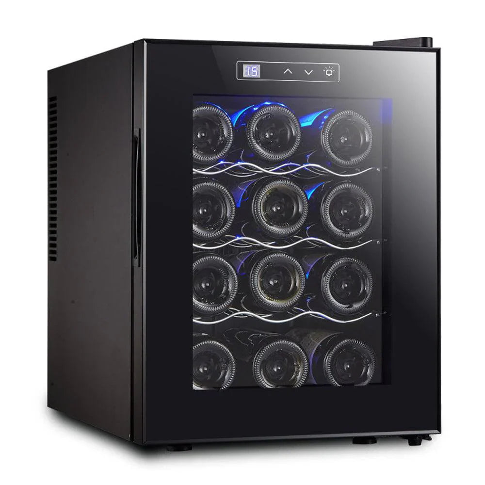 Black wine cooler with glass door displaying wine bottles on a white background