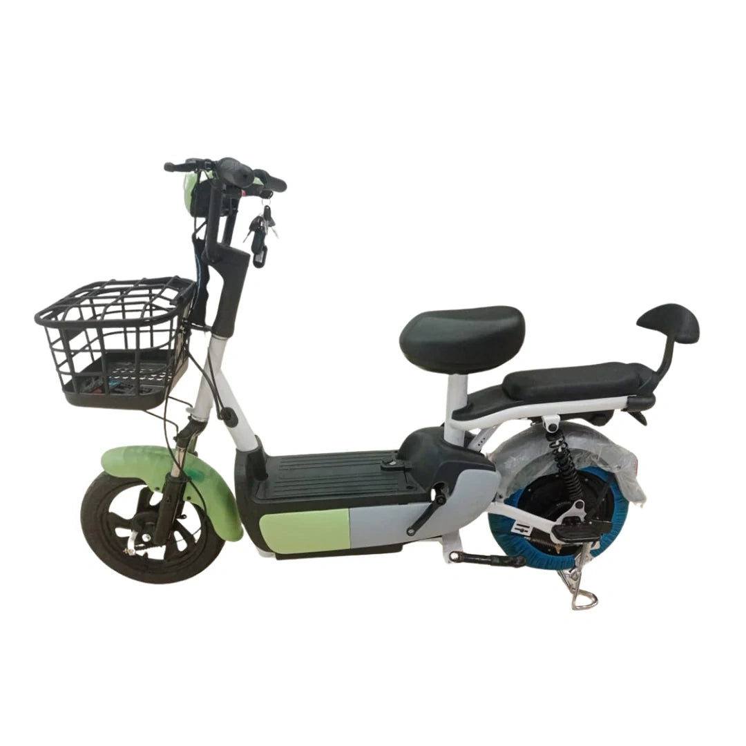 Electric scooter with a basket on a white background