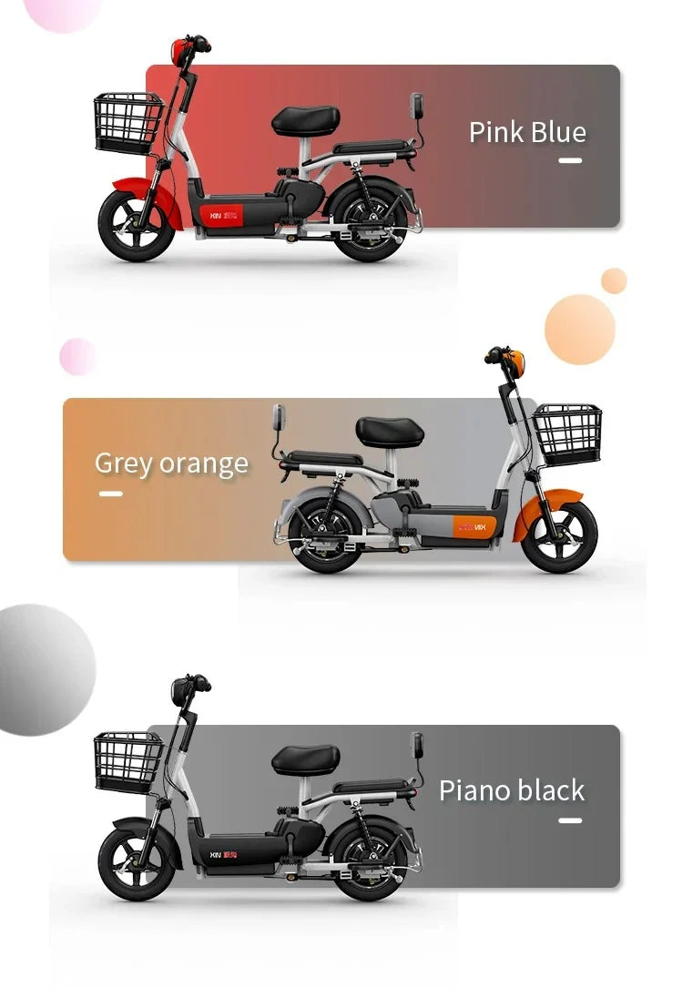 Three electric bikes in different colors with color swatches below them on a white background.