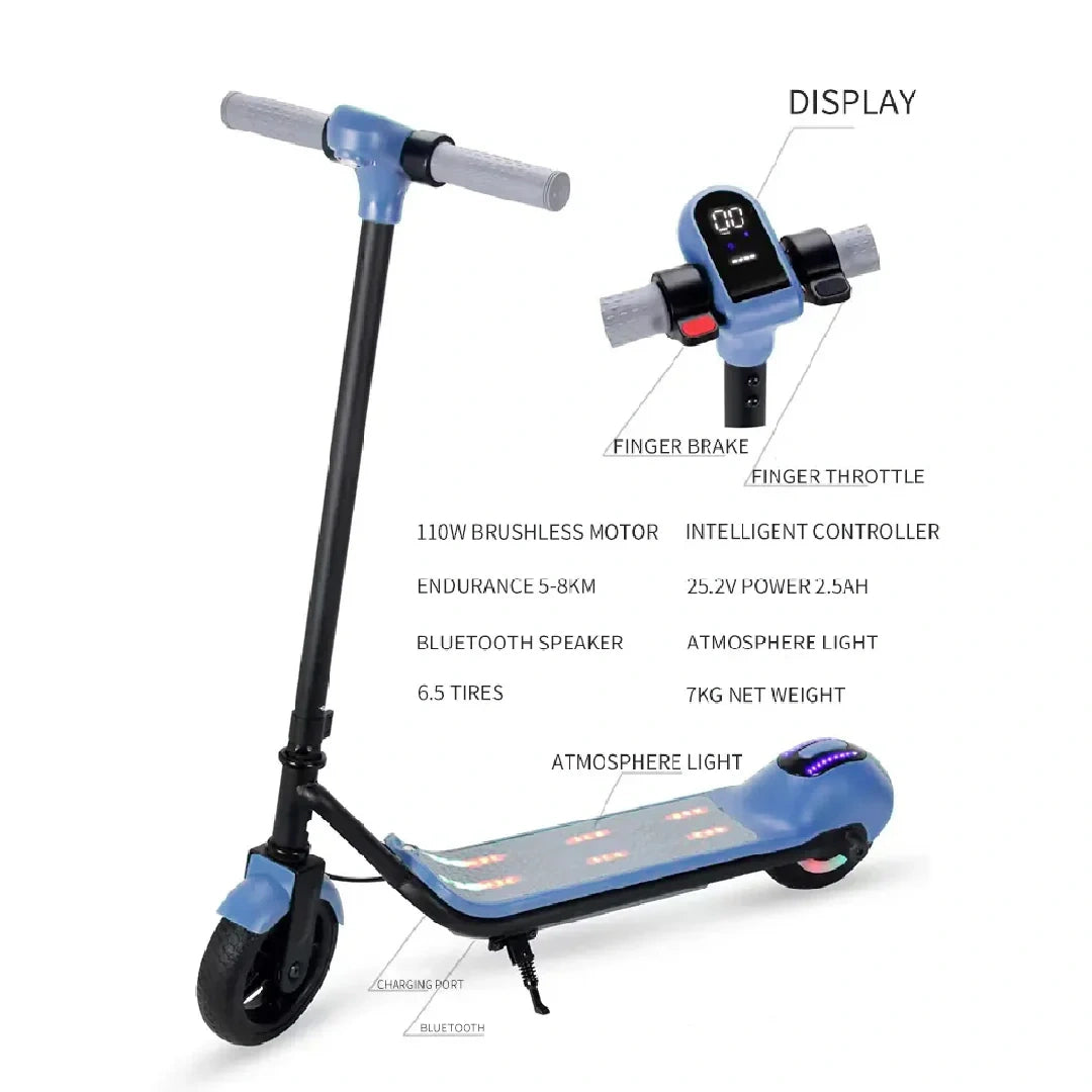 Blue electric scooter with features labeled on a white background