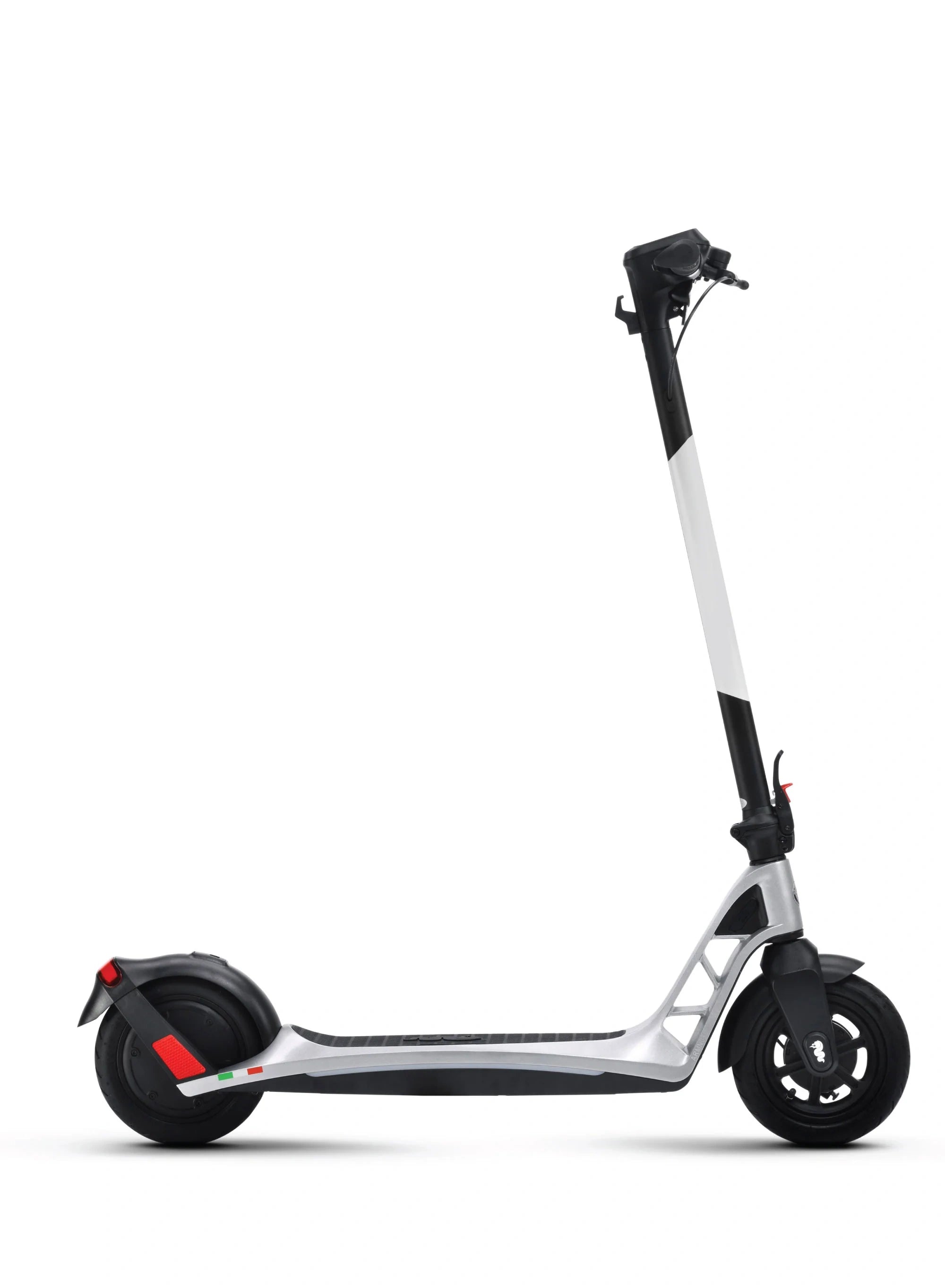White electric scooter with black wheels on a white background