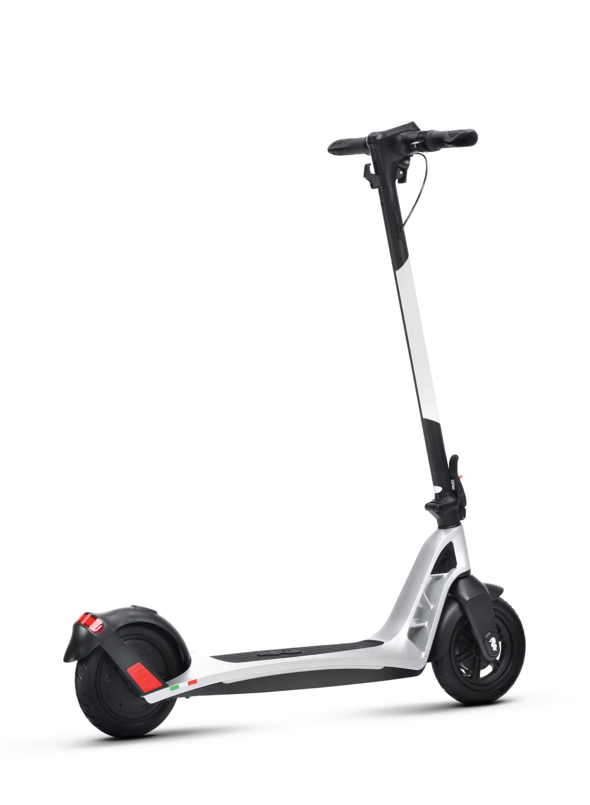 White electric scooter with black wheels on a white background