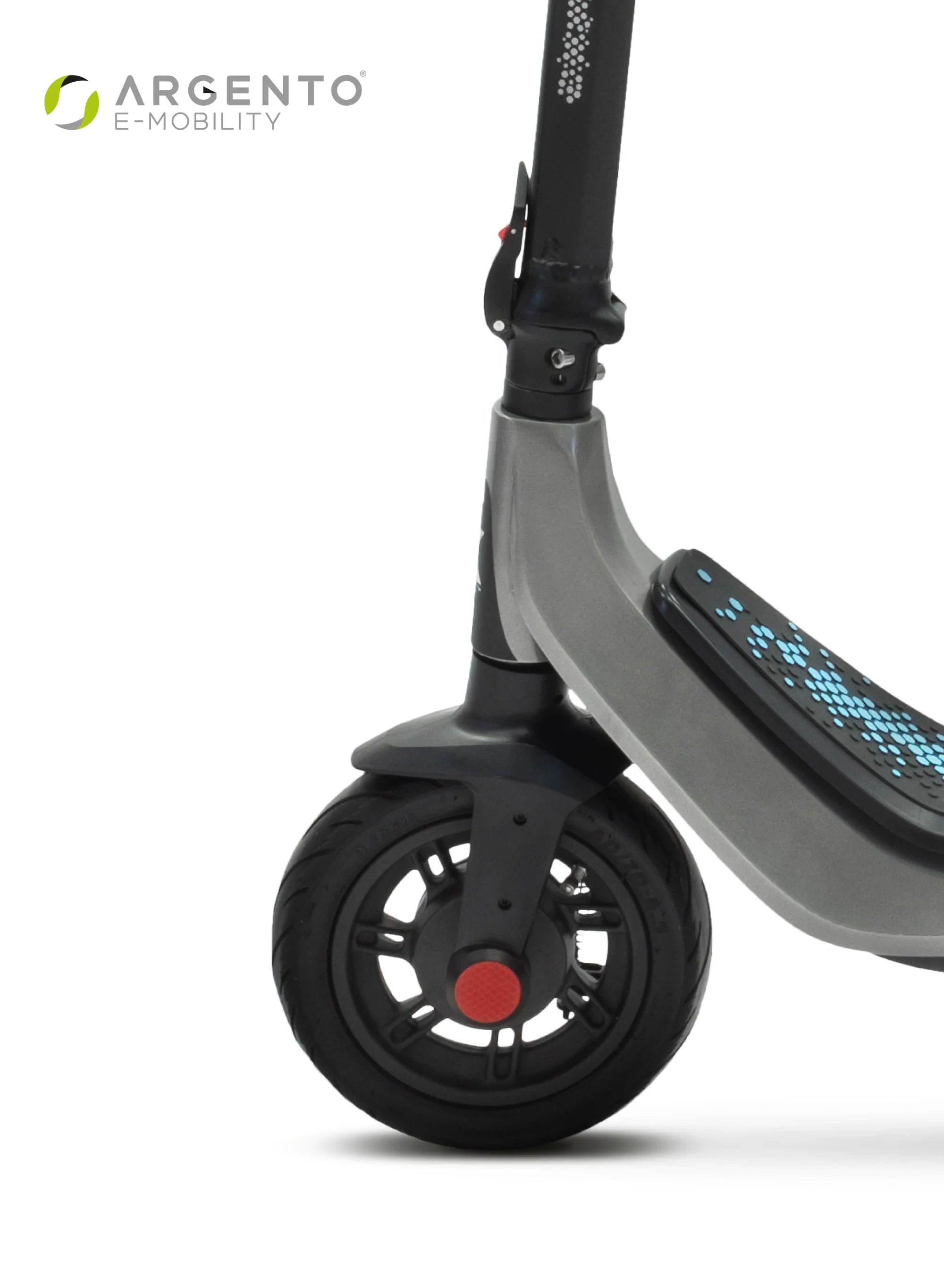 Close-up of a scooter with Argento E-Mobility branding on a white background