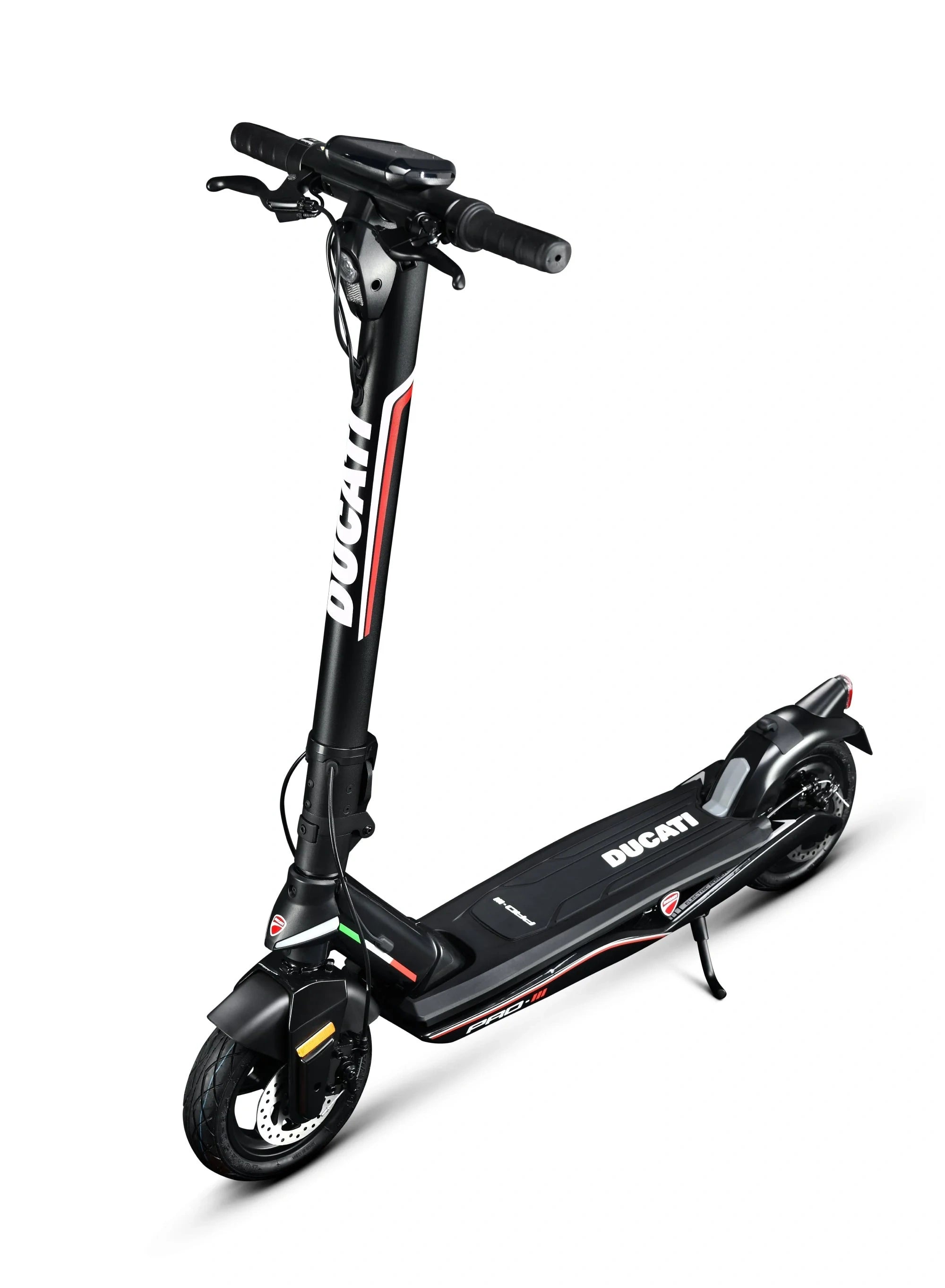 Black electric scooter with Ducati branding on a white background