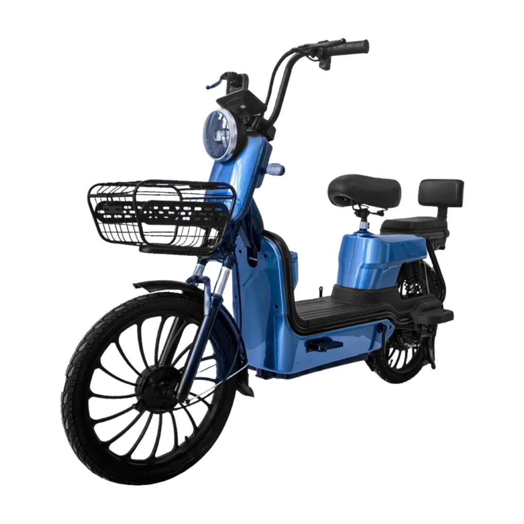 Blue electric bike with a basket on a white background