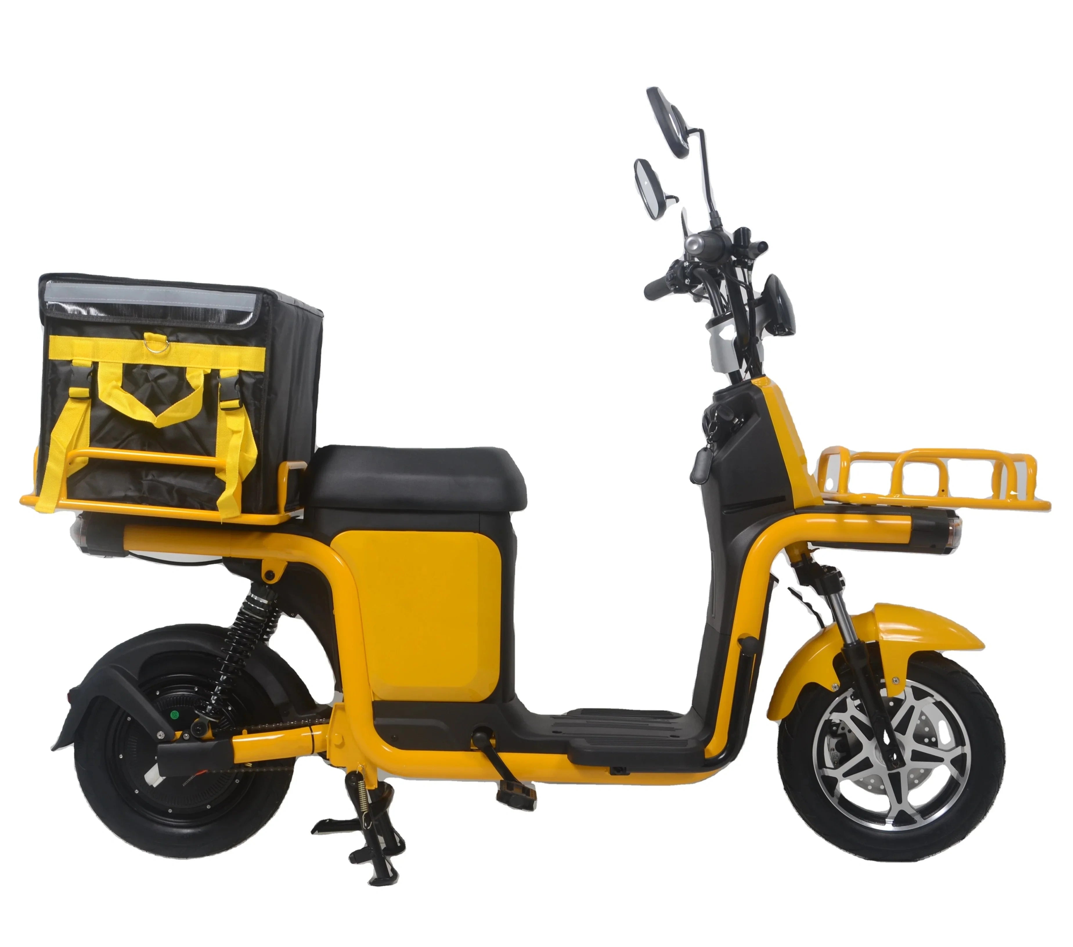 Yellow electric scooter with a black seat and storage basket on a white background