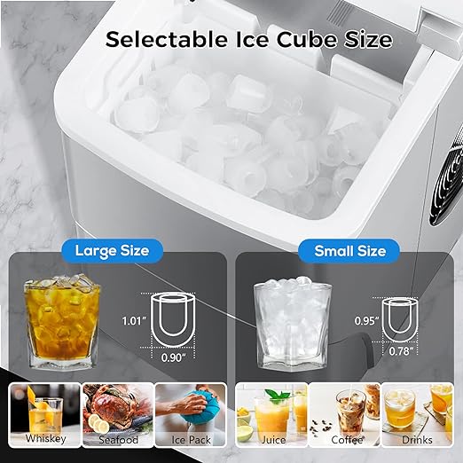 Ice cube maker with selectable large and small ice cube sizes, shown with corresponding glass sizes and uses.