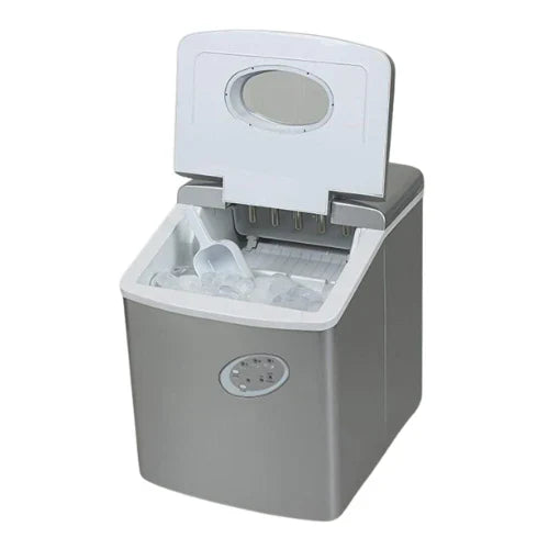 Portable ice maker with a white top and gray base on a white background