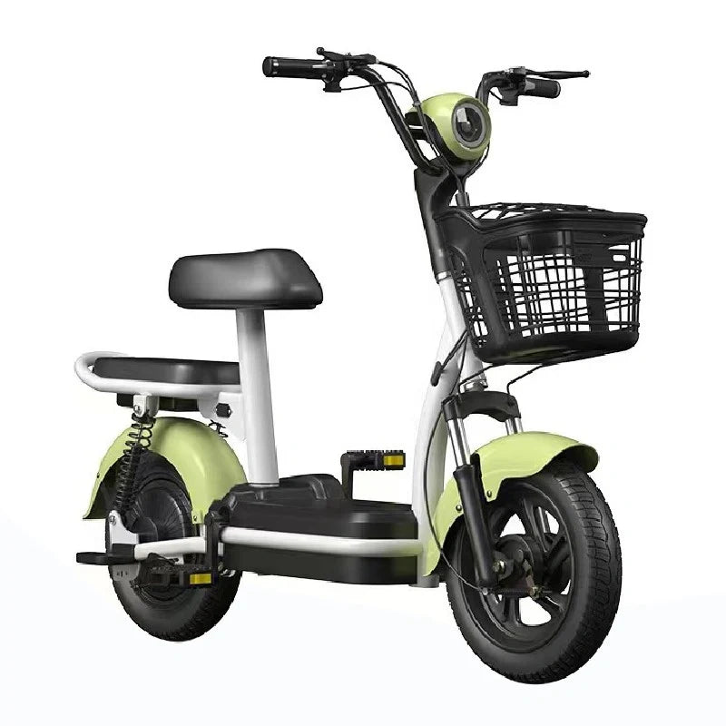 Green and white electric tricycle with a black seat and basket on a white background