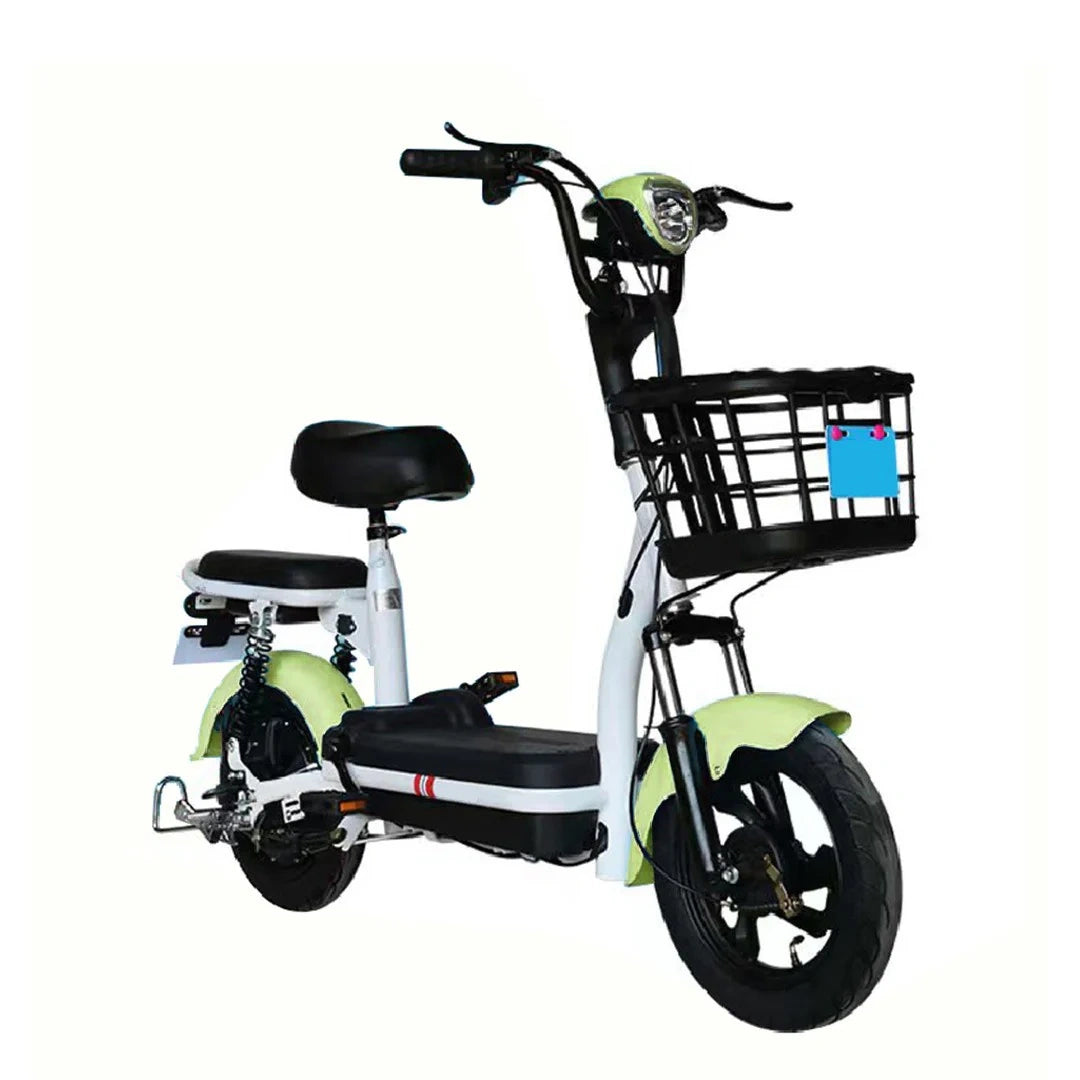 Green and white electric bike with a black basket on a white background