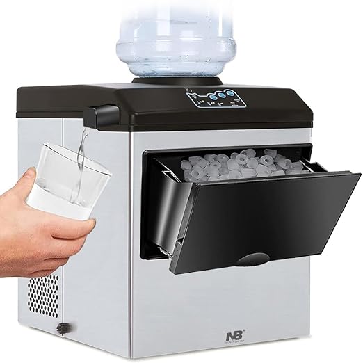 Ice maker with a hand holding a container and ice cubes visible