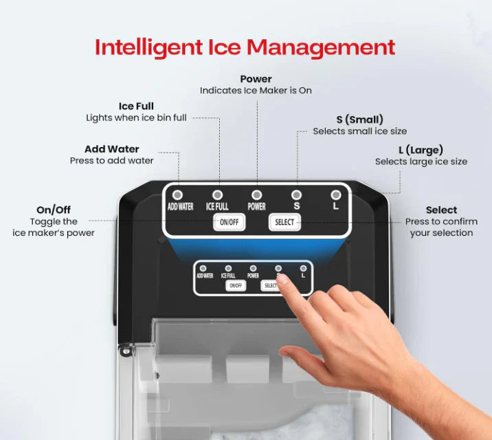 Ice maker control panel with labeled buttons and a hand pressing a button on a light gray background.
