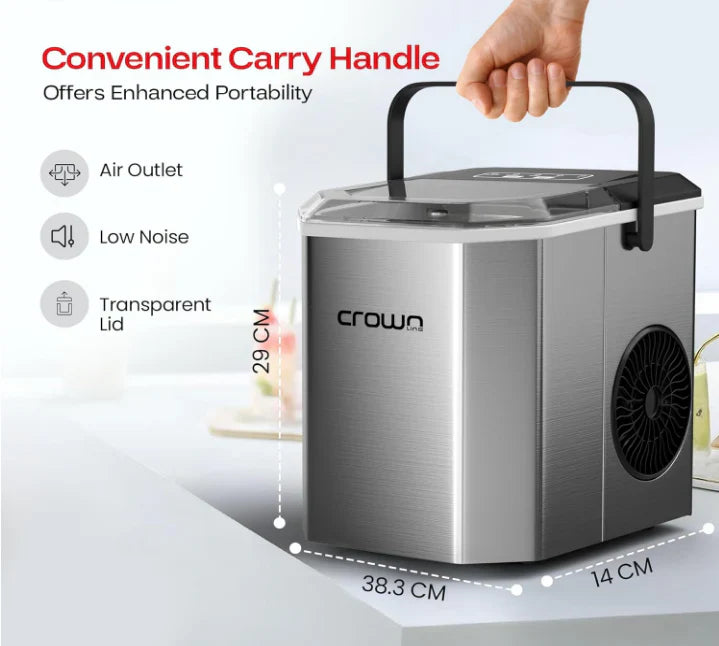 Portable air cooler with a hand holding the handle, features listed on the left, and dimensions shown.