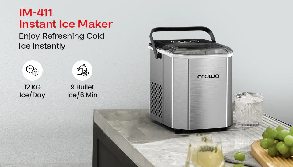 Crown instant ice maker on a kitchen counter with promotional text and graphics.