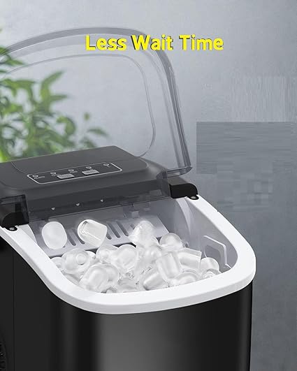 Black ice maker with clear lid showing ice cubes and 'Less Wait Time' text on a gray background.