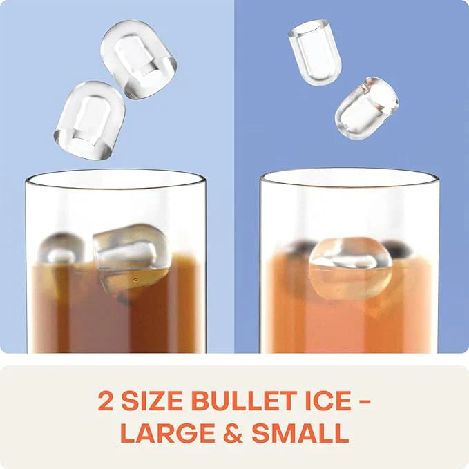 Two glasses with different sized bullet ice cubes floating above them on a blue background.