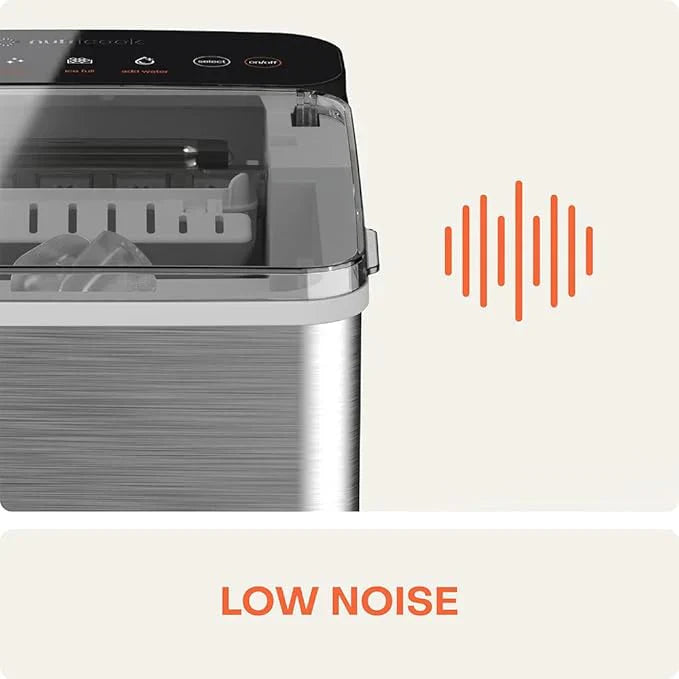 Dishwasher with a sound wave icon and 'Low Noise' text on a beige background