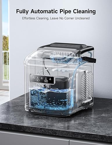 Fully automatic pipe cleaning device on a kitchen counter with text about effortless cleaning.