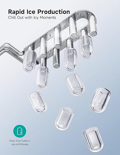Ice cube tray with clear ice cubes on a light blue background, promoting rapid ice production.