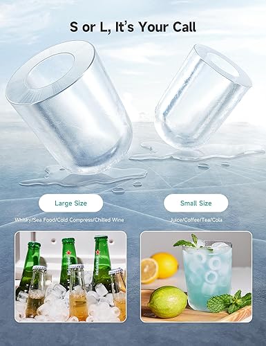 Two clear glass tumblers with text indicating 'S or L, It's Your Call' on a blue background.