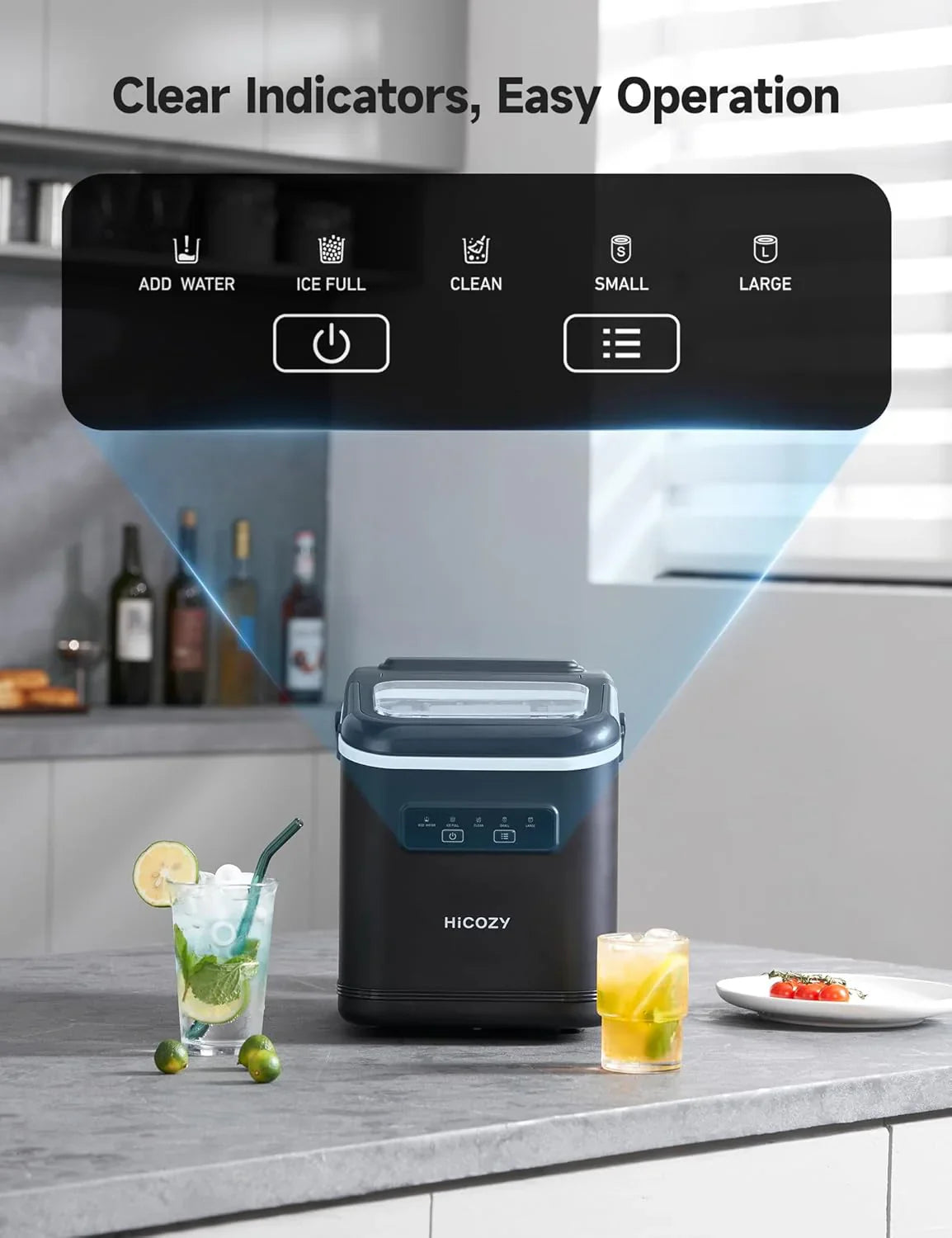 HICOZY ice maker with clear indicators and easy operation on a kitchen counter.