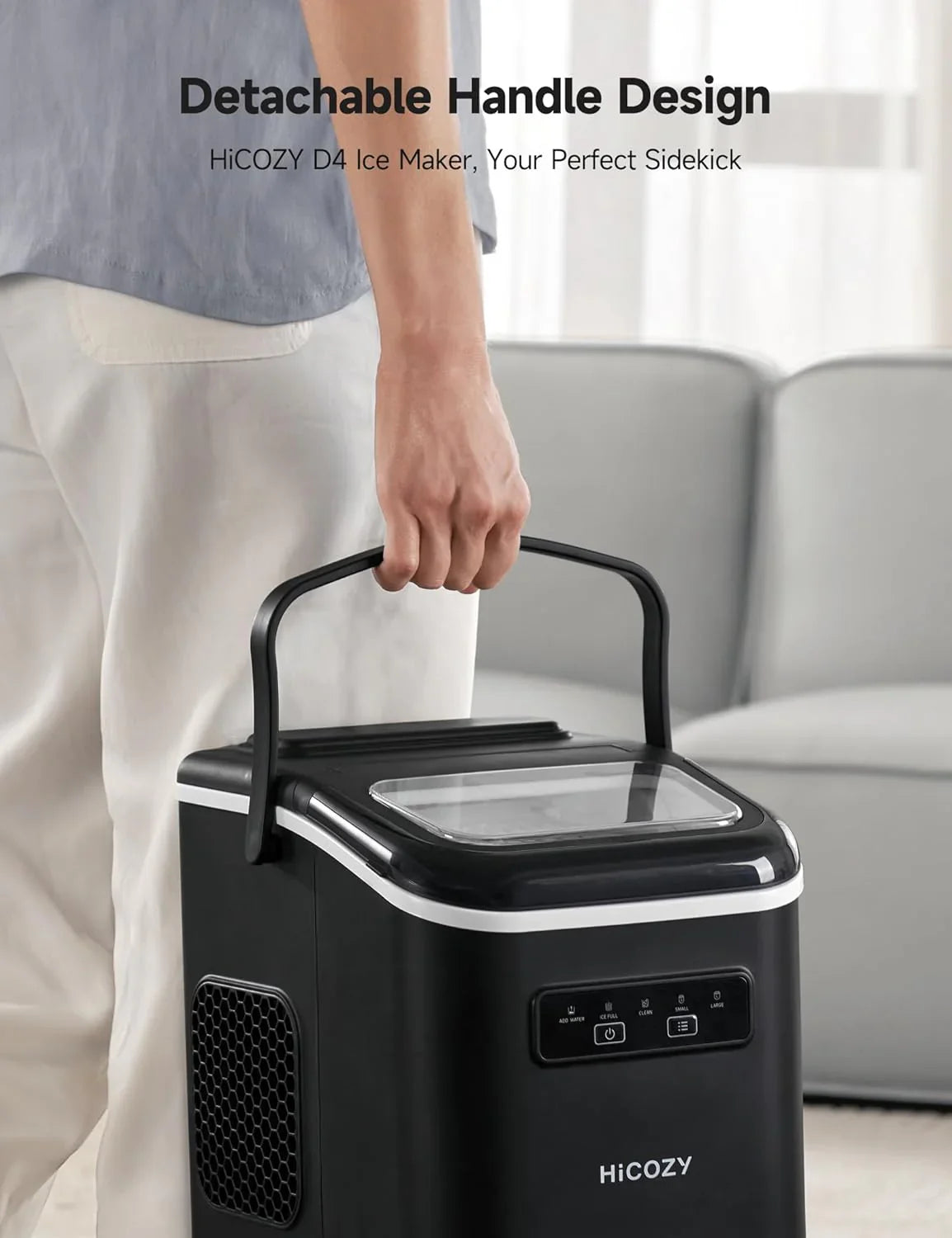 HICOZY D4 ice maker with detachable handle design, shown in a home setting.