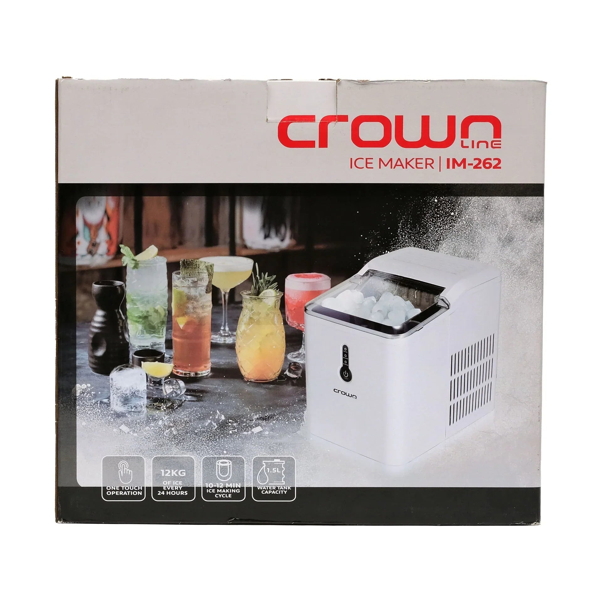 Crown Line ice maker packaging with cocktail scene on a white background