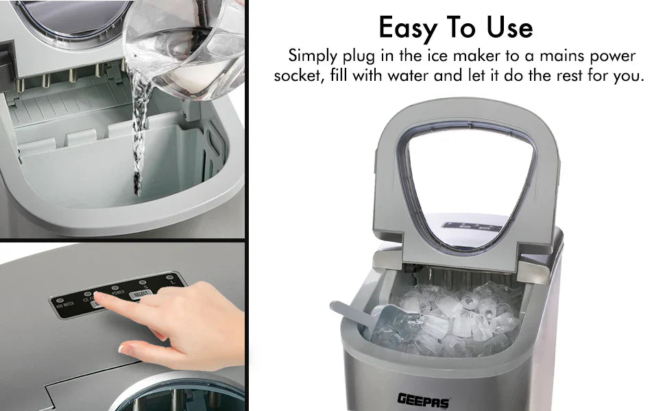 Ice maker with water being poured and ice being produced, labeled 'Easy To Use'.