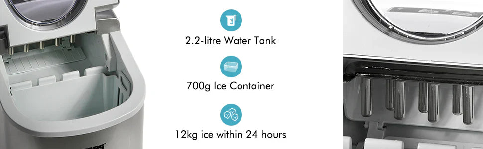 Ice maker with water tank and ice container capacity details