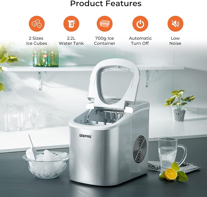 Portable ice maker with features listed on a kitchen counter.