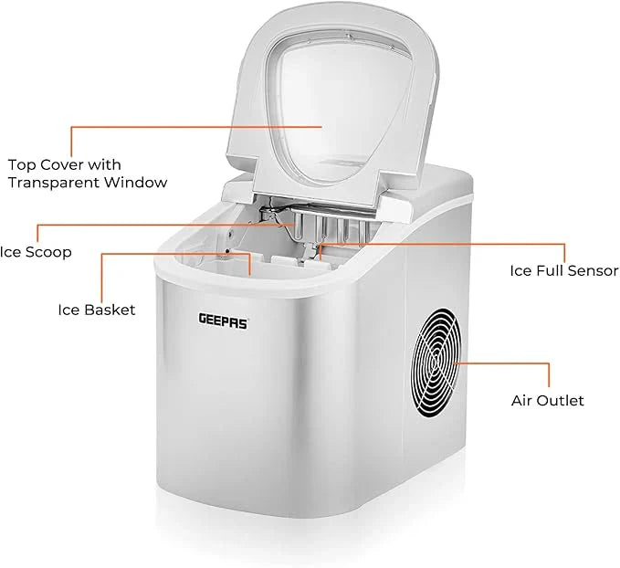 GEEPAS ice maker with labeled parts on a white background