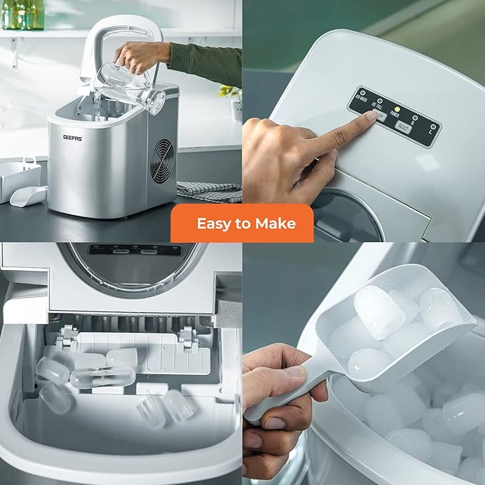 Collage of a Geepas ice maker machine with various features highlighted.