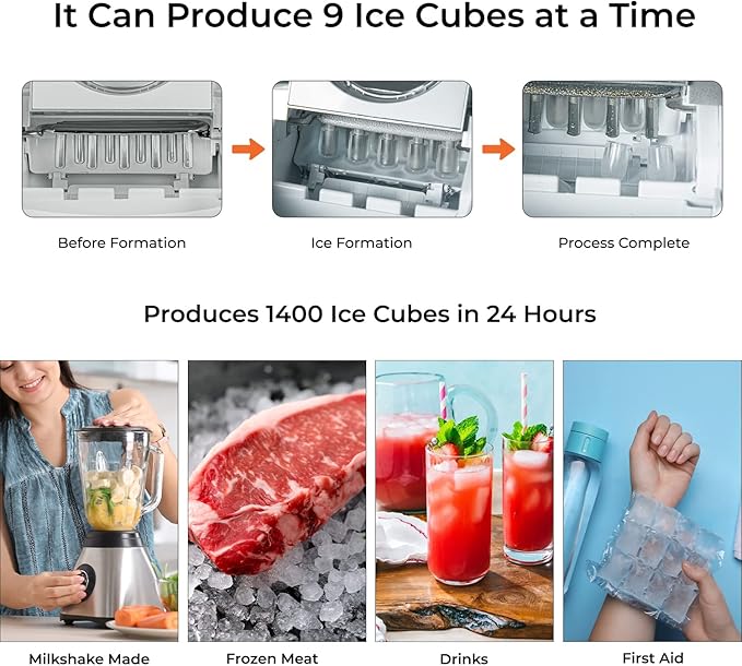 Ice maker process with text indicating ice production capabilities and uses.