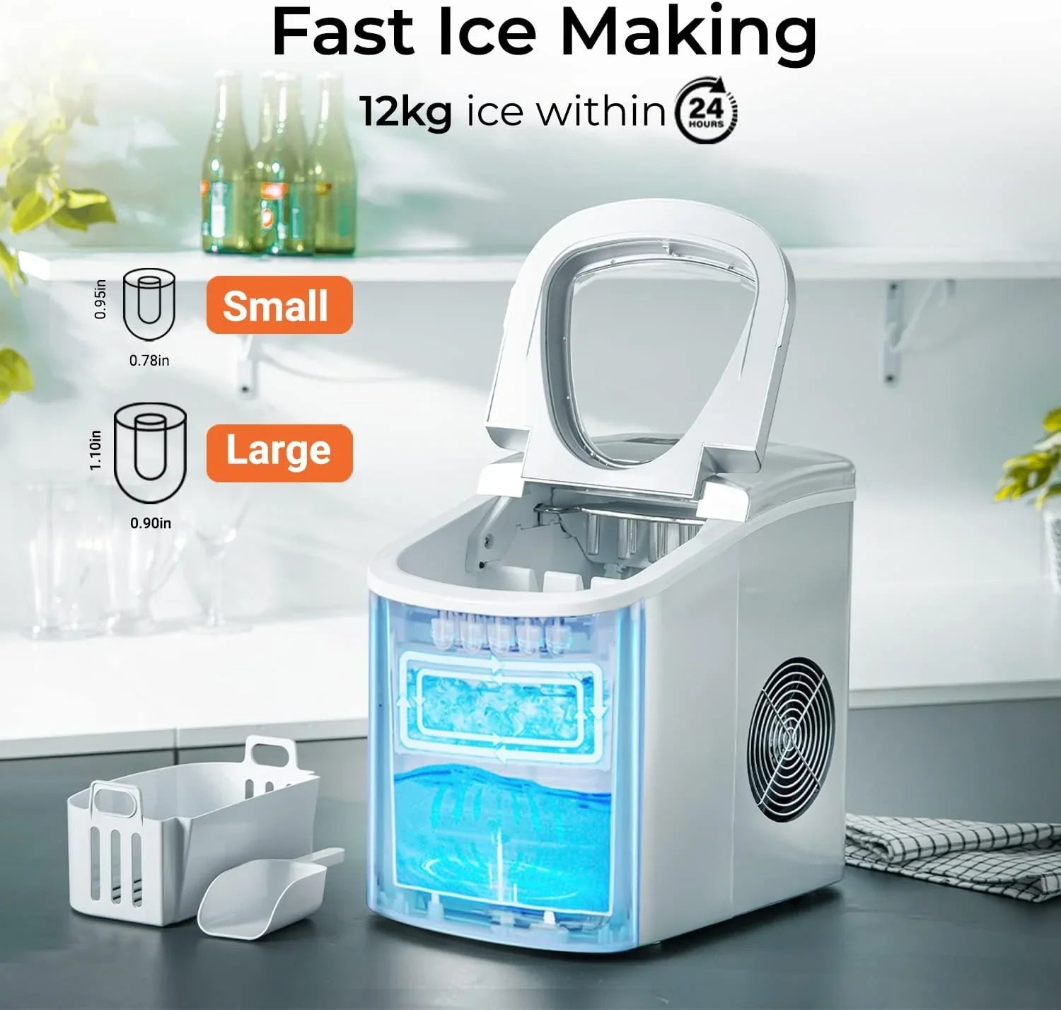 Ice maker with text indicating fast ice making capabilities and capacity, set against a kitchen background.