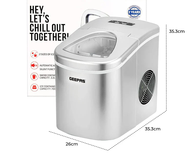 Portable ice maker with dimensions and features on a white background