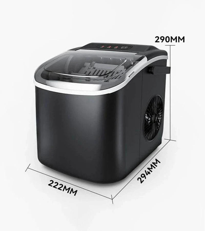 Black ice maker with dimensions labeled on a white background