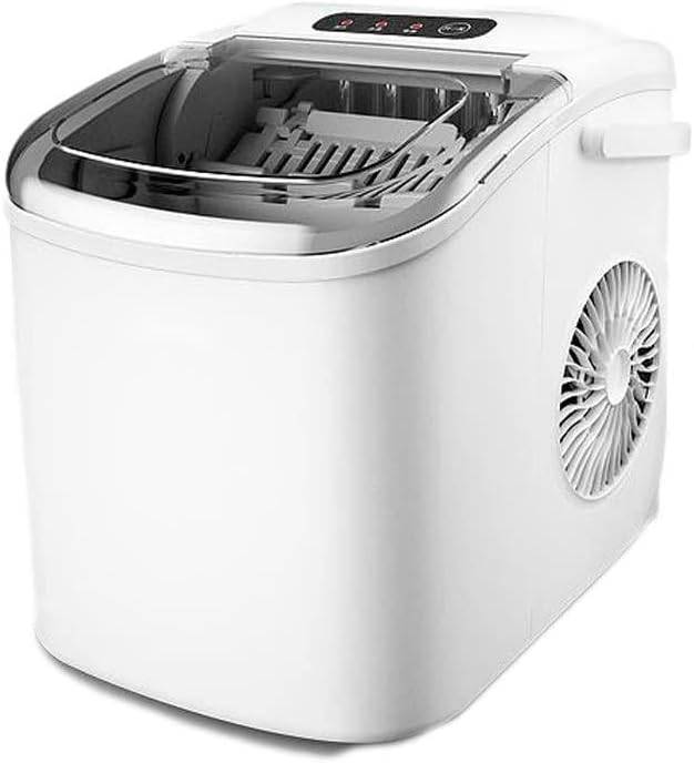 White ice maker with a fan on a white background