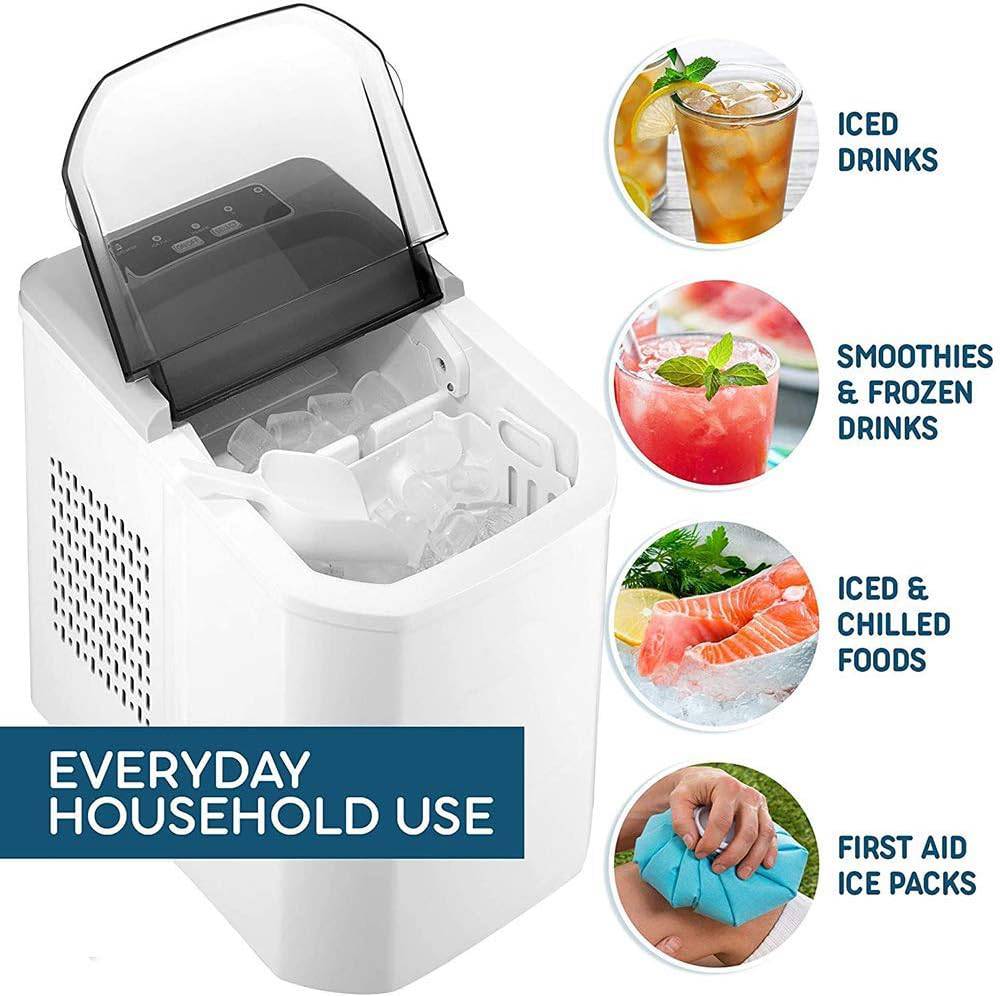 Portable ice maker with images of iced drinks, smoothies, chilled foods, and ice packs on a white background.