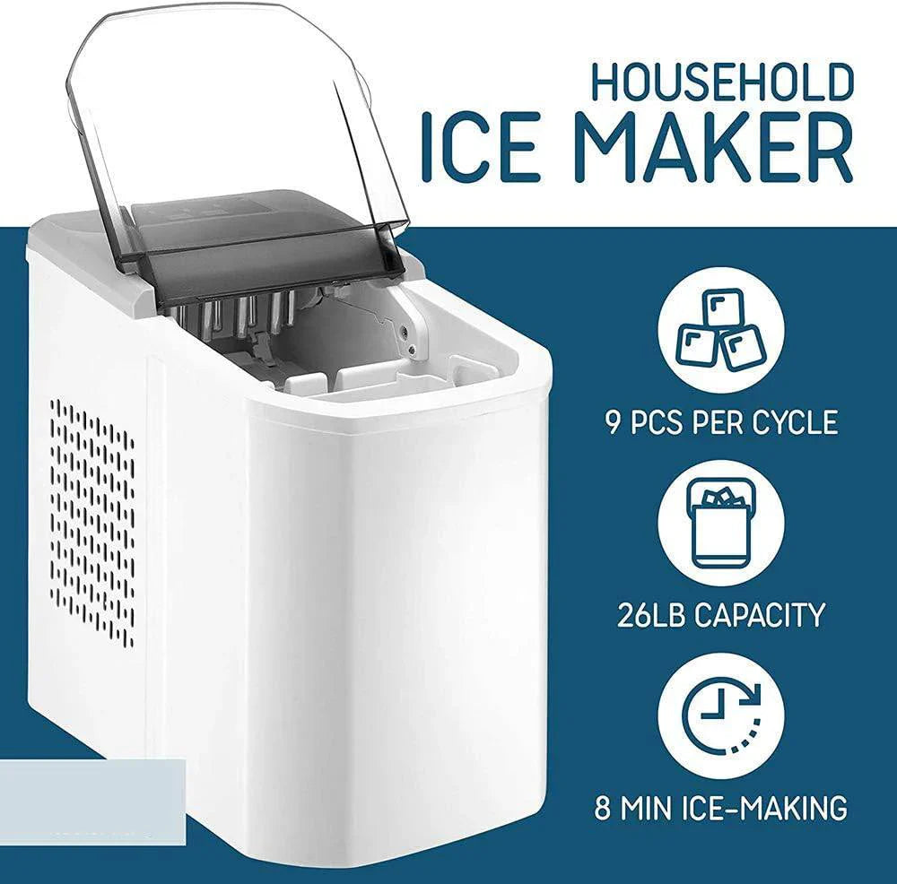 White ice maker with features highlighted on a blue background