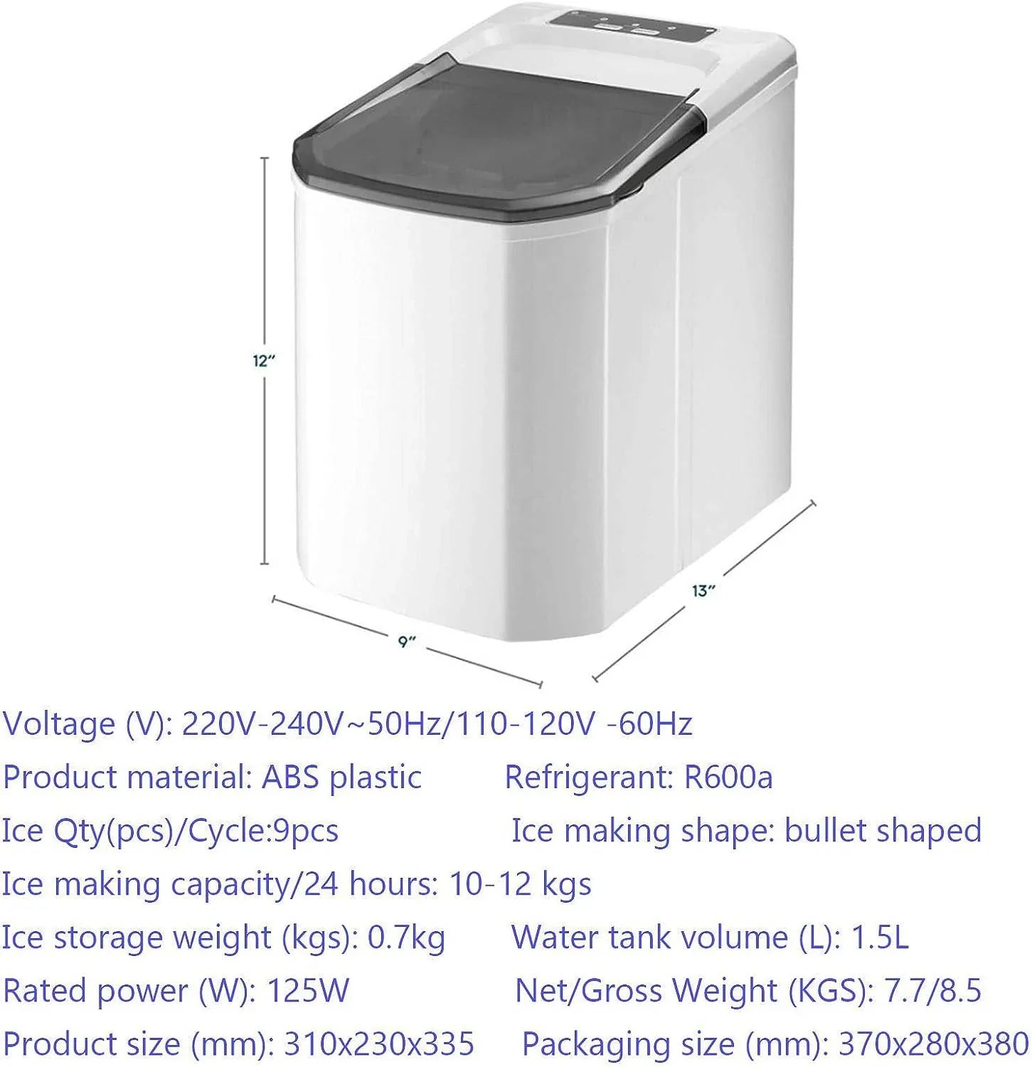 Portable ice maker with dimensions and specifications listed below.