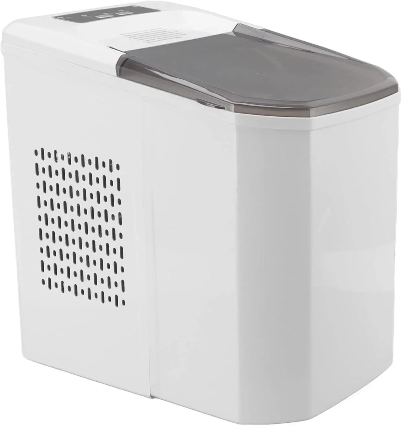 White pet food storage container with a gray lid on a white background