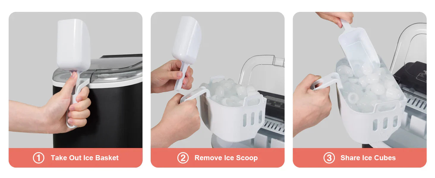 Step-by-step guide on using an ice maker with ice basket and scoop.