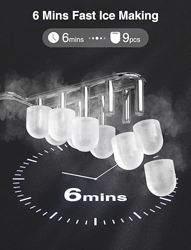 Ice maker with ice cubes and text indicating fast ice making in 6 minutes.