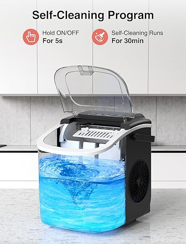 Mop bucket with blue liquid and cleaning program instructions on a kitchen background