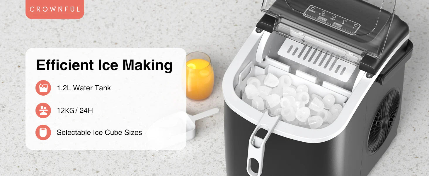 Portable ice maker with ice cubes and text on efficiency, capacity, and features.