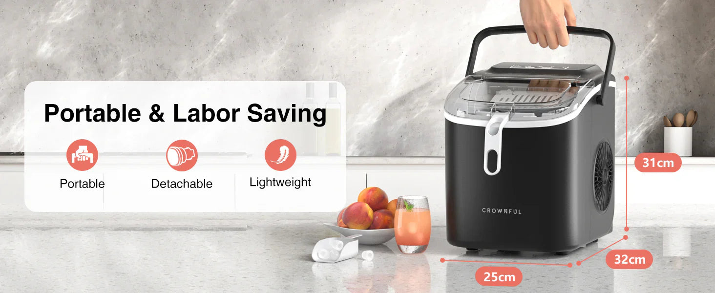 Black portable air fryer on a kitchen counter with measurements and features displayed.