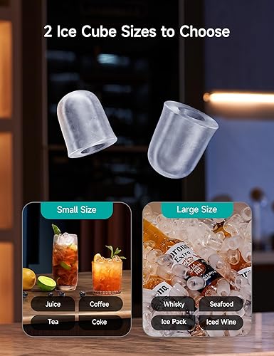 Two ice cube trays with small and large sizes displayed, showing examples of drinks they can be used for.